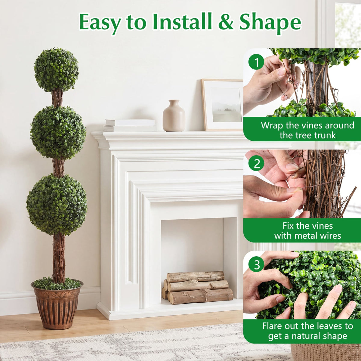 4 FT Artificial Triple Ball Boxwood Tree with Cement-filled Retro Planter-Green-Artificial Plants-DECOROLALA
