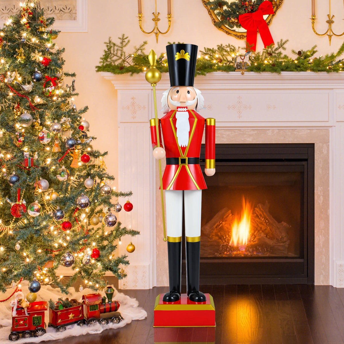 4 FT Christmas Nutcracker with High Hat & Beautiful Scepter-Black & Red-Christmas Decorations & Accessories-DECOROLALA