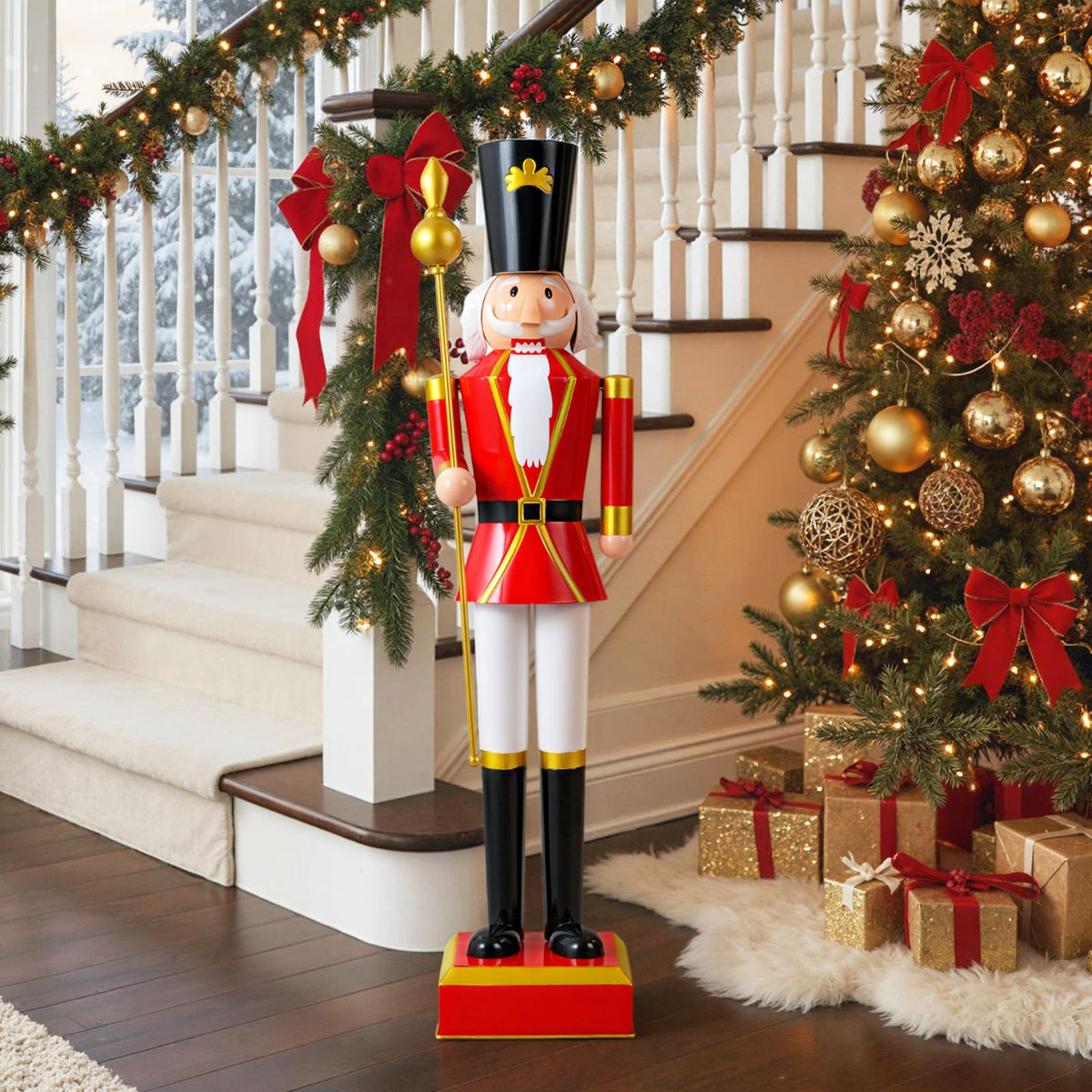 4 FT Christmas Nutcracker with High Hat & Beautiful Scepter-Black & Red-Christmas Decorations & Accessories-DECOROLALA