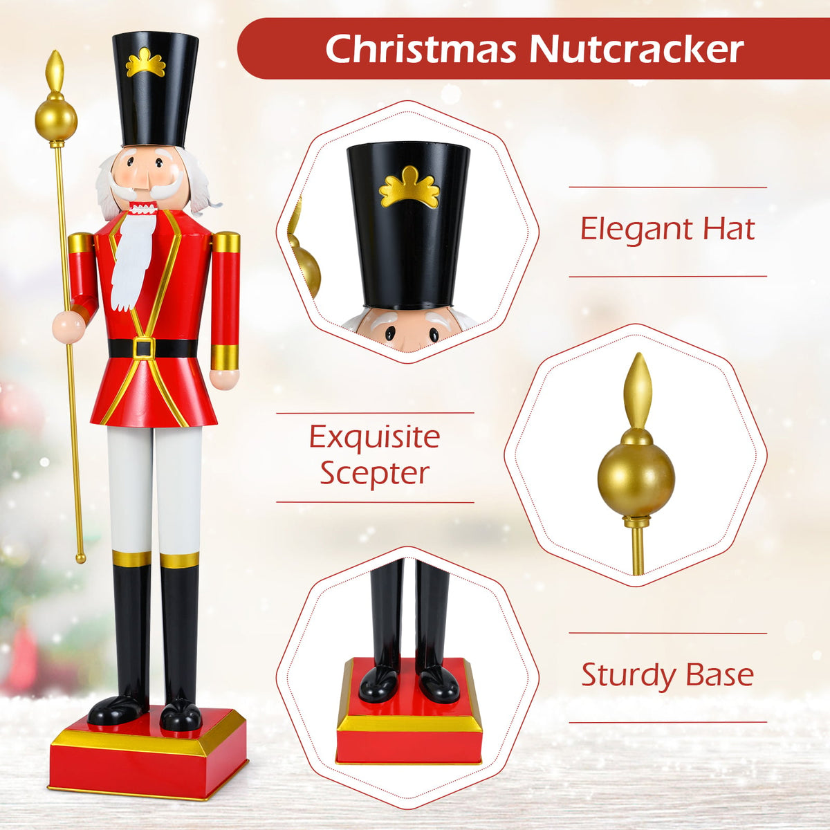 4 FT Christmas Nutcracker with High Hat & Beautiful Scepter-Black & Red-Christmas Decorations & Accessories-DECOROLALA