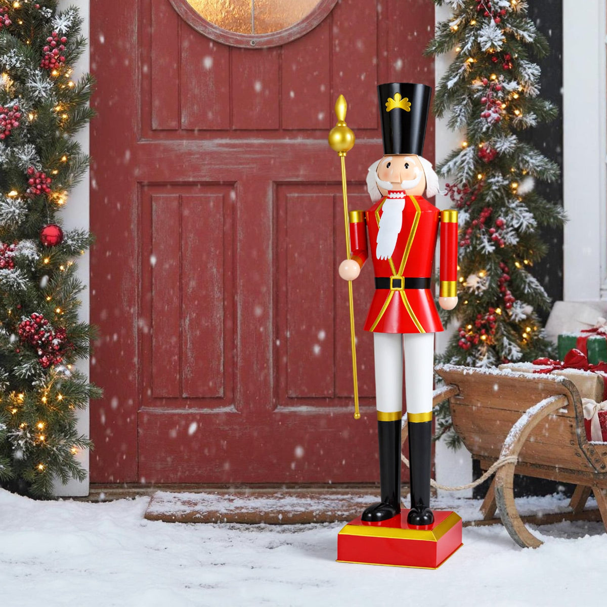 4 FT Christmas Nutcracker with High Hat & Beautiful Scepter-Black & Red-Christmas Decorations & Accessories-DECOROLALA