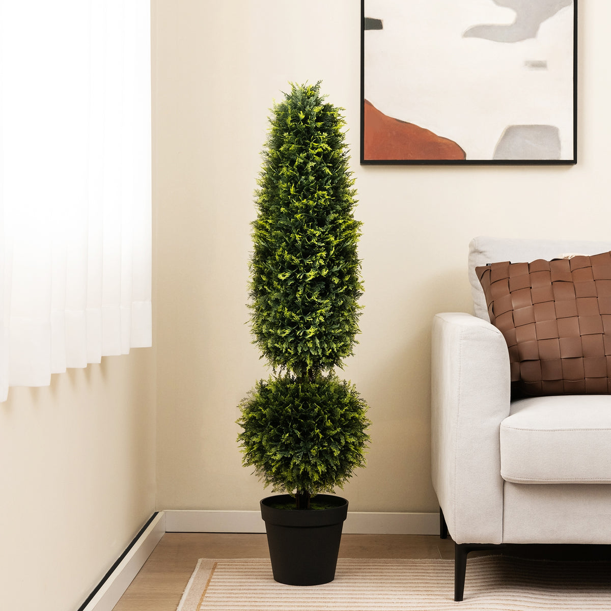 4 Feet Artificial Boxwood Topiary Tree with Natural Vines and PE Leaves-Green-Artificial Plants-DECOROLALA