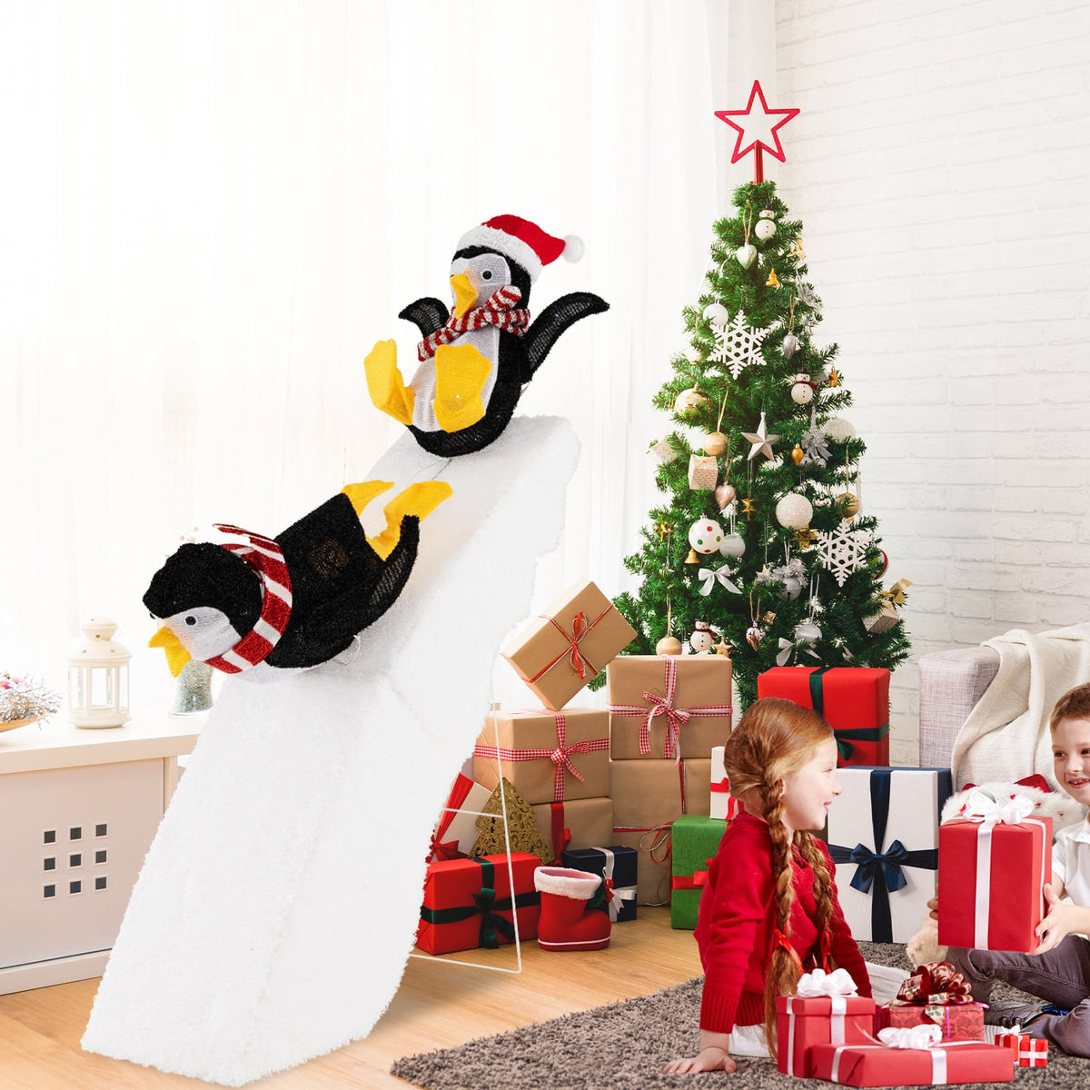 4 Feet Christmas Penguin Ice Skating Decor with Snowy Slide-Christmas Decorations & Accessories-DECOROLALA