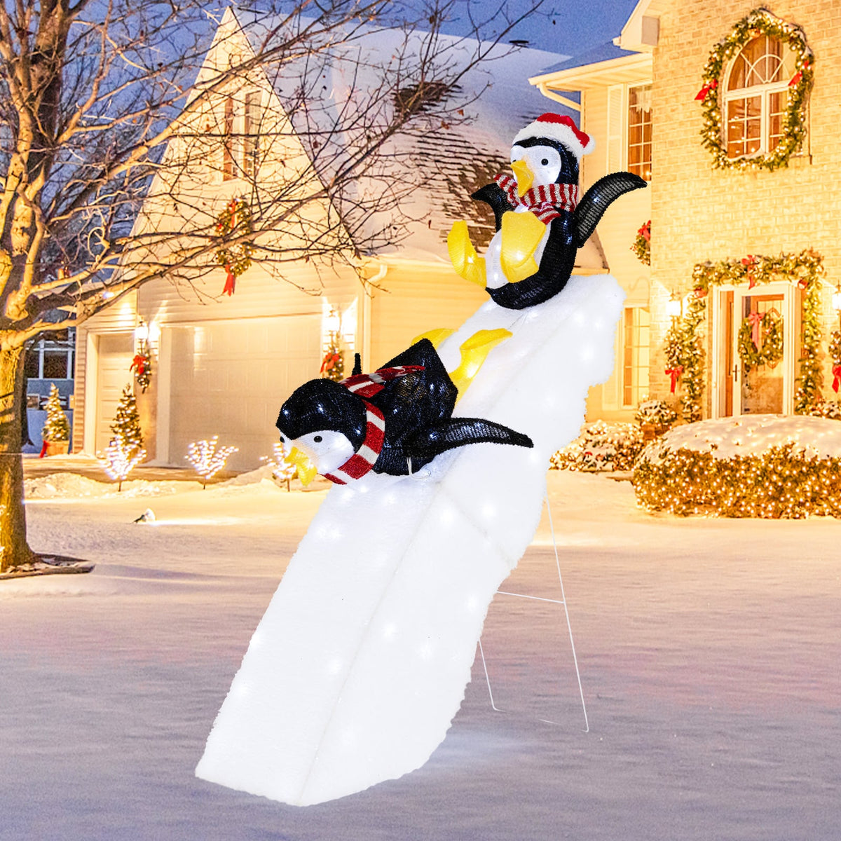4 Feet Christmas Penguin Ice Skating Decor with Snowy Slide-Christmas Decorations & Accessories-DECOROLALA