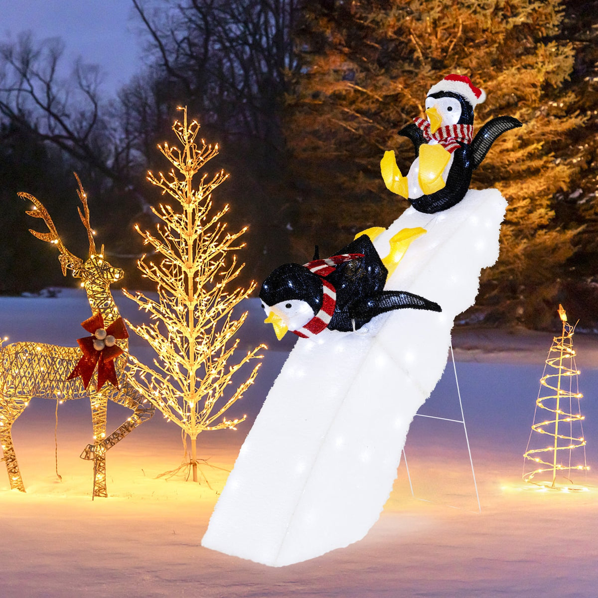 4 Feet Christmas Penguin Ice Skating Decor with Snowy Slide-Christmas Decorations & Accessories-DECOROLALA