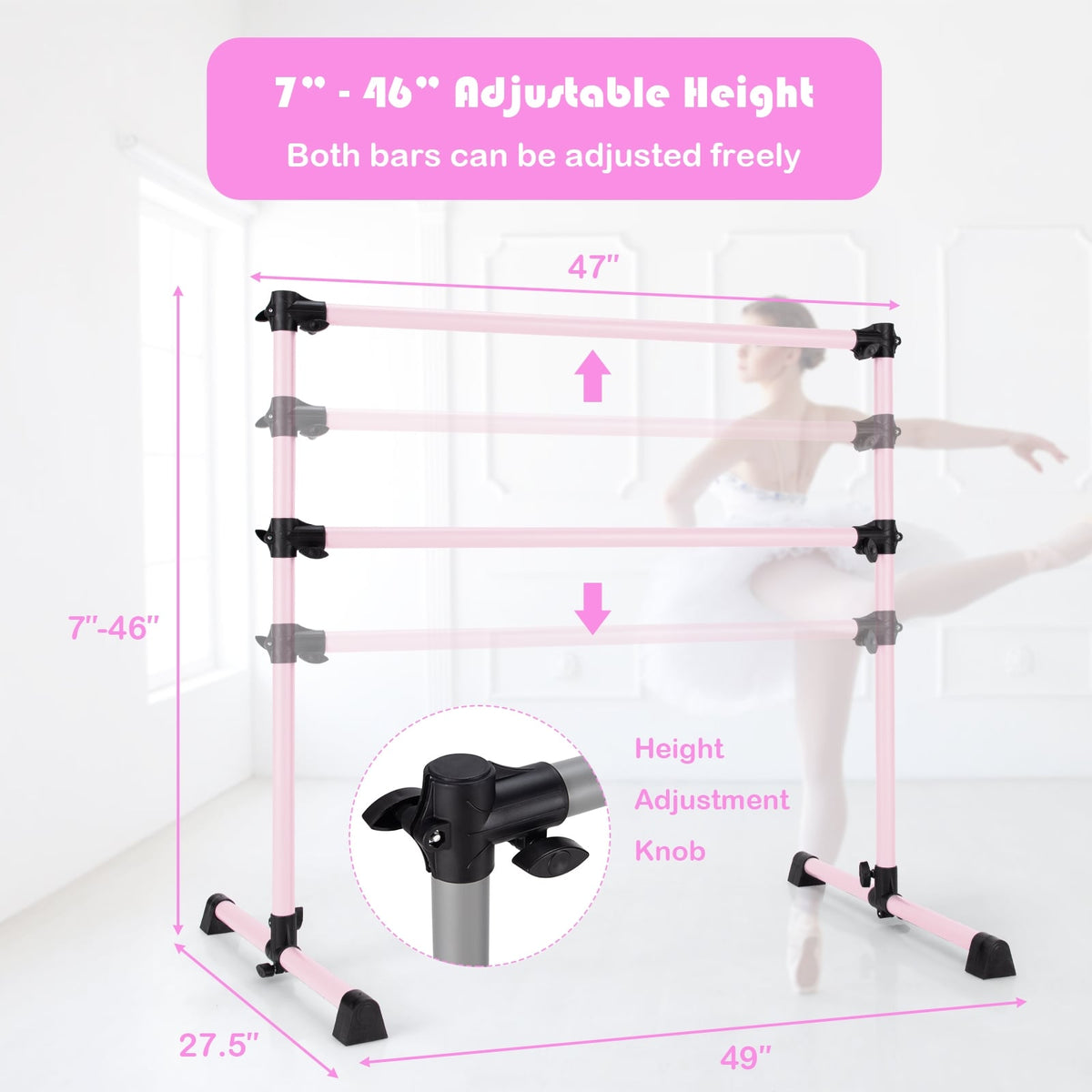4 Feet Double Ballet Barre Bar with Adjustable Height-Pink-Yoga Accessories-DECOROLALA