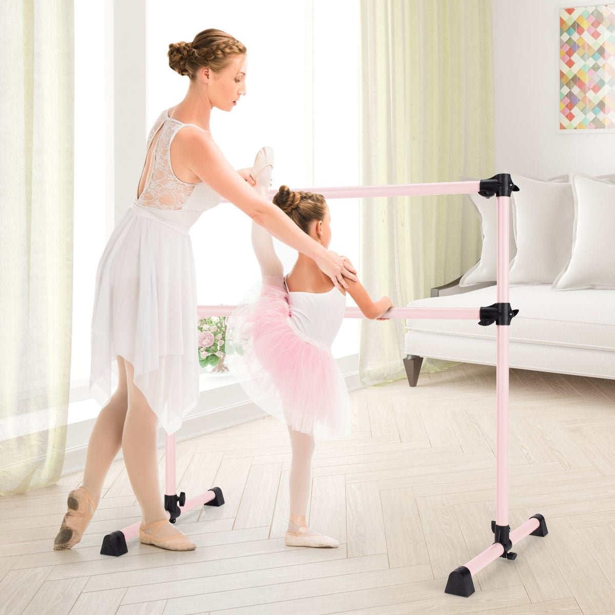 4 Feet Double Ballet Barre Bar with Adjustable Height-Pink-Yoga Accessories-DECOROLALA
