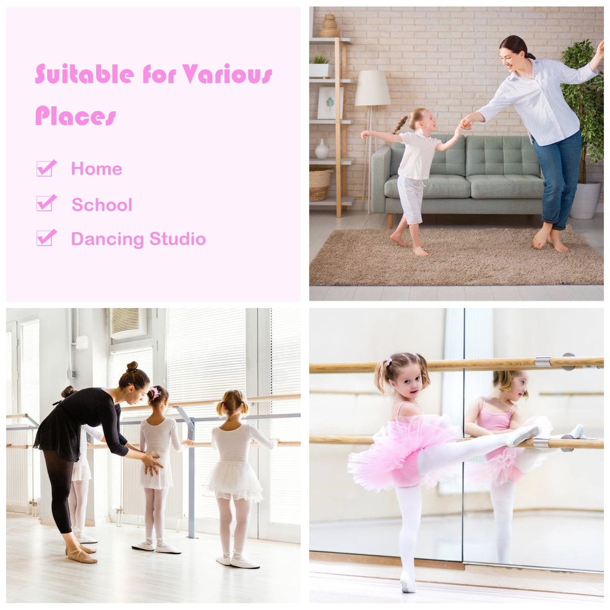 4 Feet Double Ballet Barre Bar with Adjustable Height-Pink-Yoga Accessories-DECOROLALA