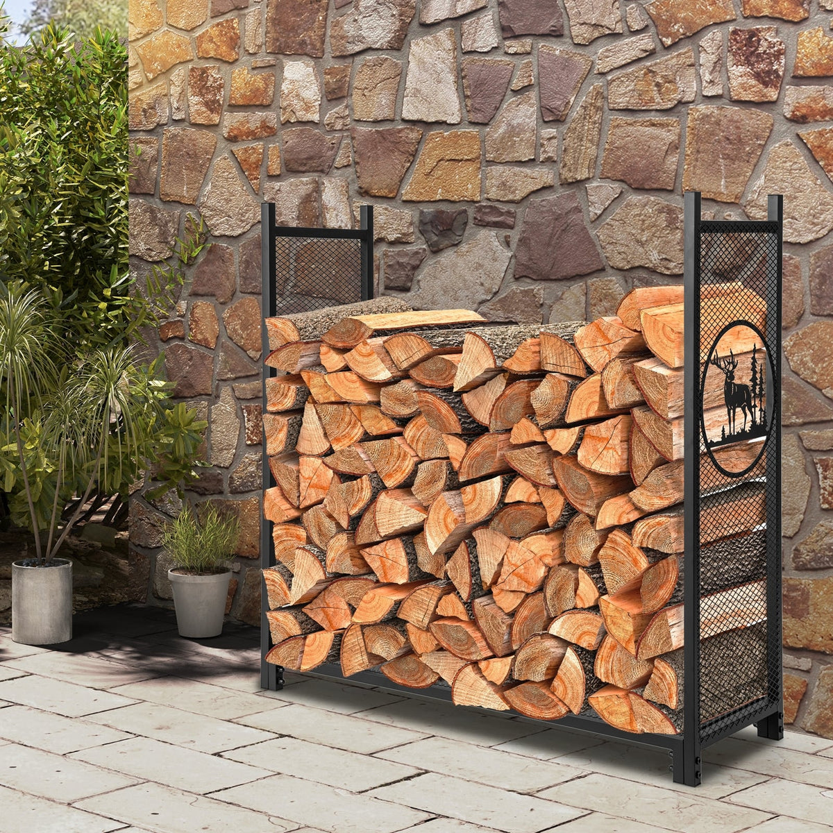 4 Feet Firewood Rack Stand with Mesh Sides-Log Racks & Carriers-DECOROLALA