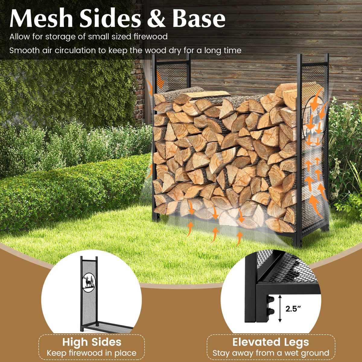4 Feet Firewood Rack Stand with Mesh Sides-Log Racks & Carriers-DECOROLALA