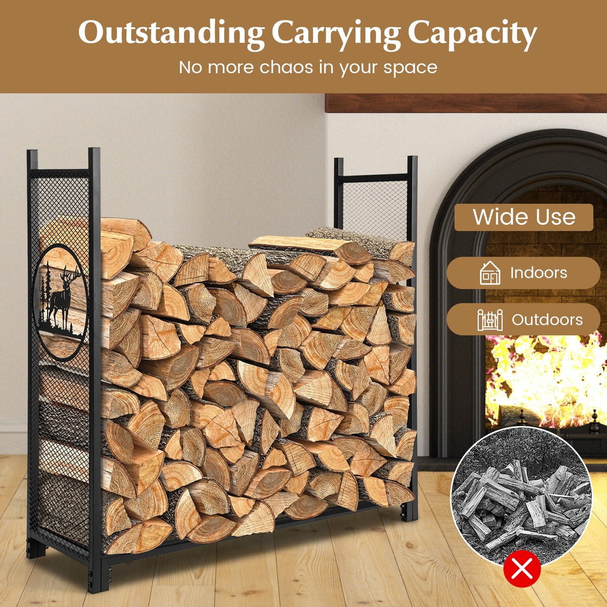 4 Feet Firewood Rack Stand with Mesh Sides-Log Racks & Carriers-DECOROLALA