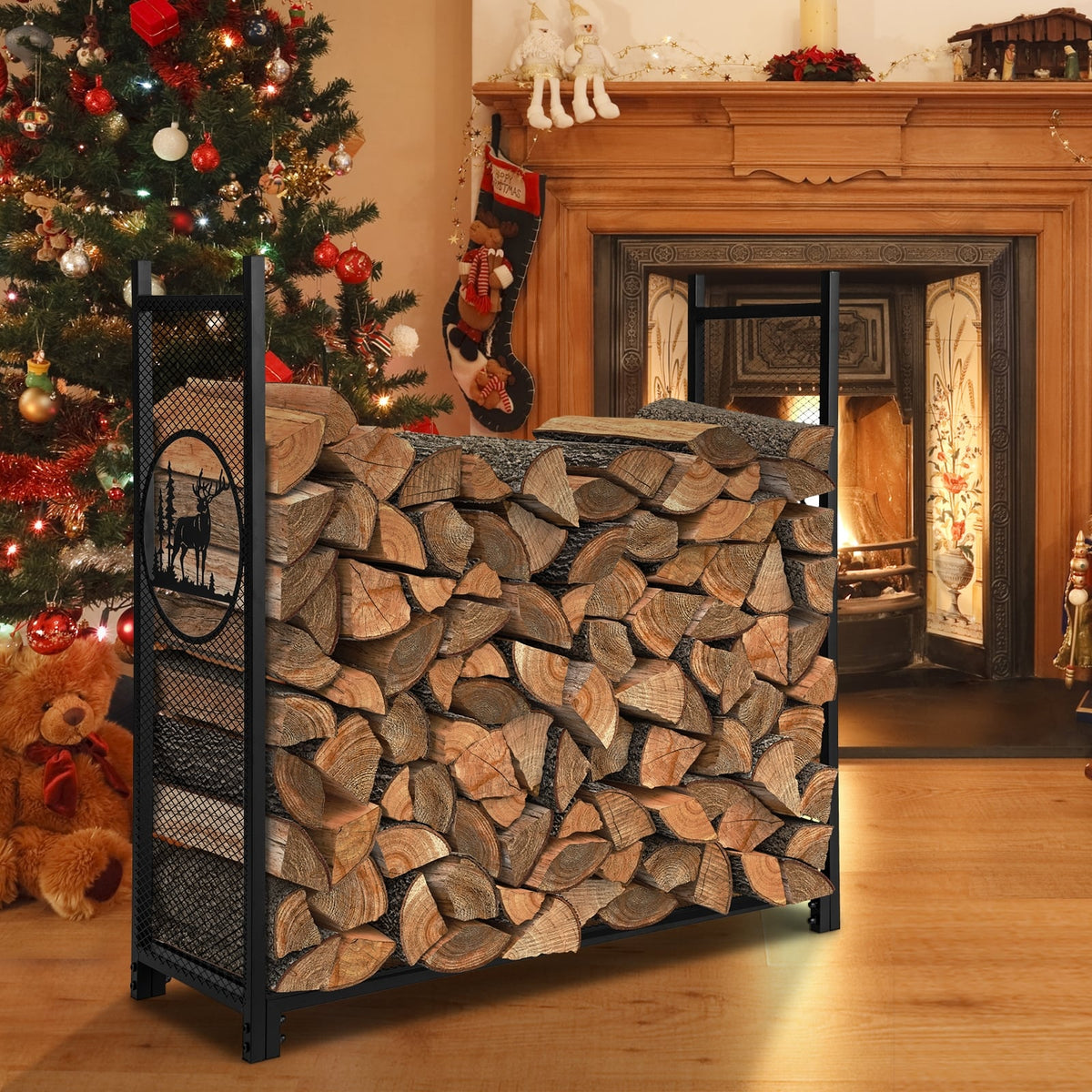 4 Feet Firewood Rack Stand with Mesh Sides-Log Racks & Carriers-DECOROLALA