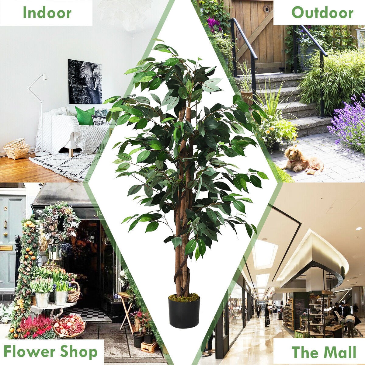 4 Feet Outdoor Trunks Artificial Ficus Silk Tree-Artificial Plants-DECOROLALA
