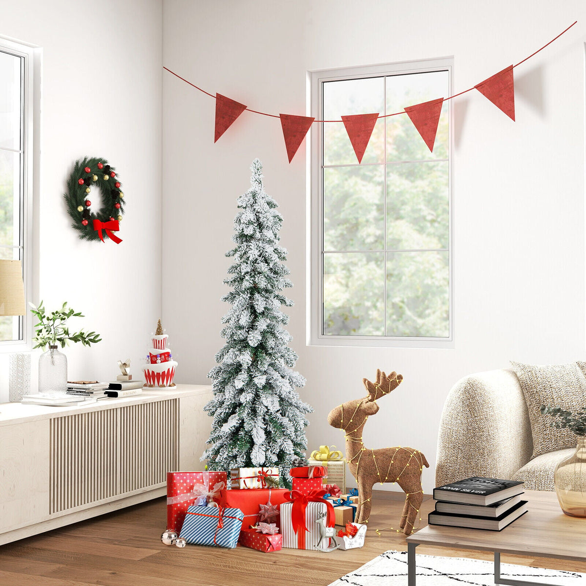 4 Feet Pre-Lit Artificial Christmas Tree Snow-Flocked Slim Pencil Xmas Decor-Christmas Trees-DECOROLALA