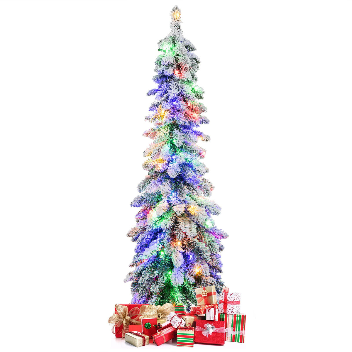 4 Feet Pre-Lit Artificial Christmas Tree Snow-Flocked Slim Pencil Xmas Decor-Christmas Trees-DECOROLALA