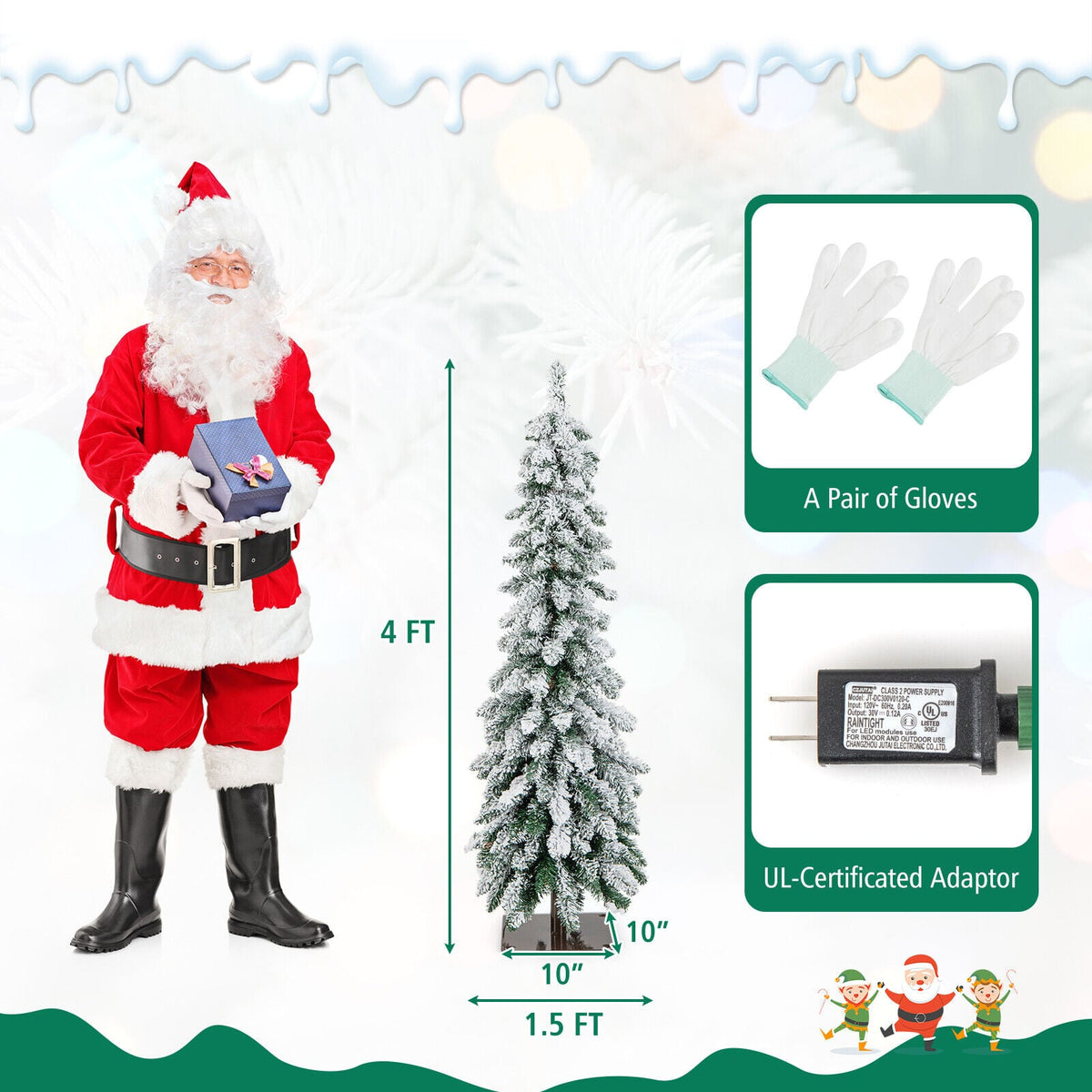 4 Feet Pre-Lit Artificial Christmas Tree Snow-Flocked Slim Pencil Xmas Decor-Christmas Trees-DECOROLALA