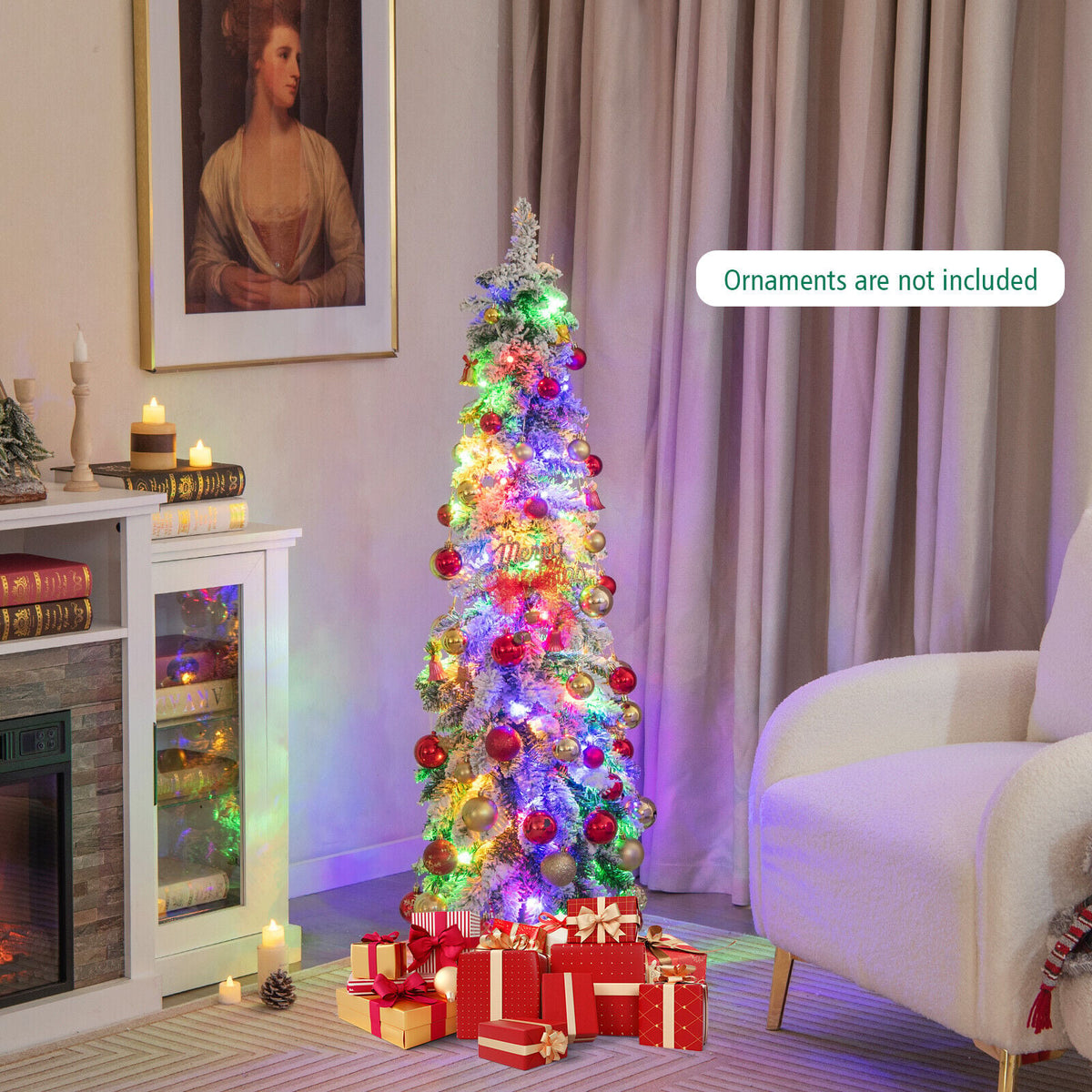 4 Feet Pre-Lit Artificial Christmas Tree Snow-Flocked Slim Pencil Xmas Decor-Christmas Trees-DECOROLALA