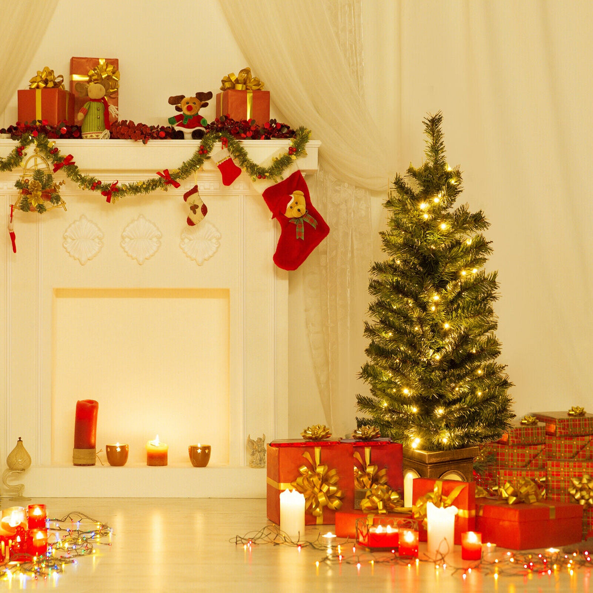 4 Feet Pre-Lit Potted Christmas Tree-Christmas Trees-DECOROLALA