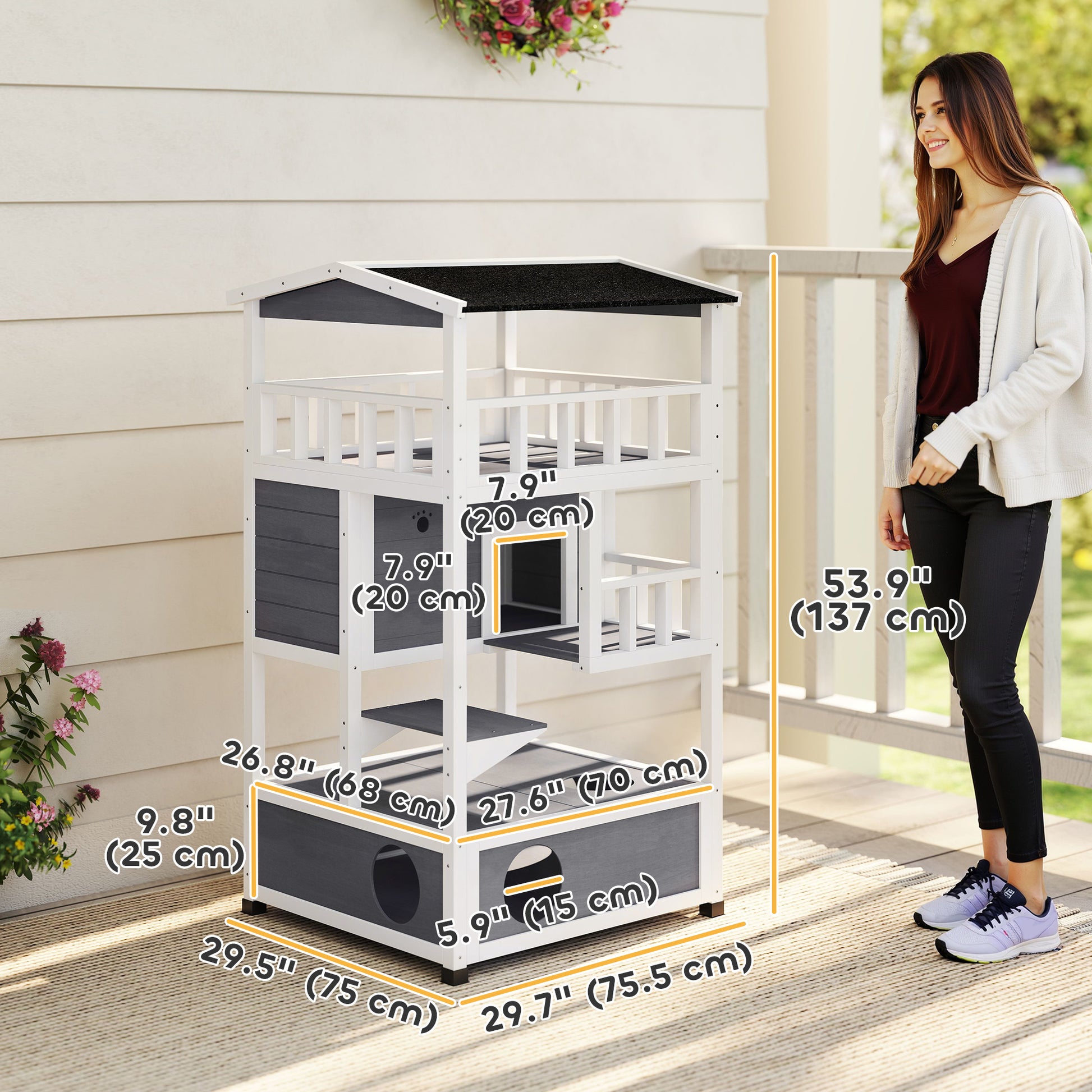 4-Floor Wood Cat House Condo - Grey 53.9"H-DECOROLALA