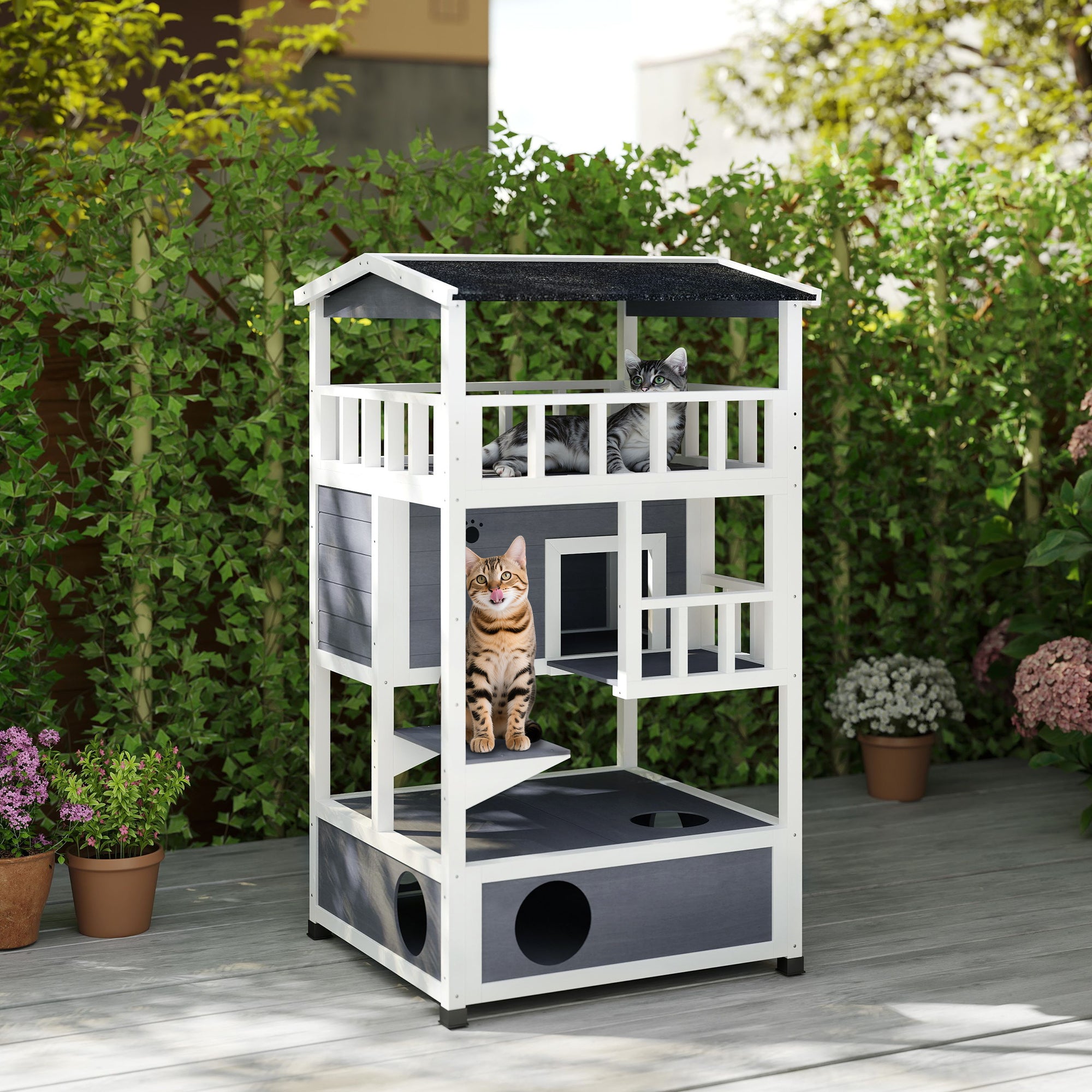 4-Floor Wood Cat House Condo - Grey 53.9"H-DECOROLALA