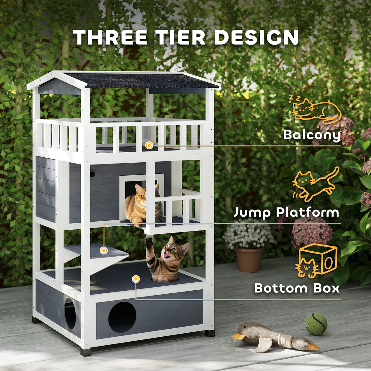 4-Floor Wood Outdoor Cat House Catio with Condo - Grey-Cats-DECOROLALA