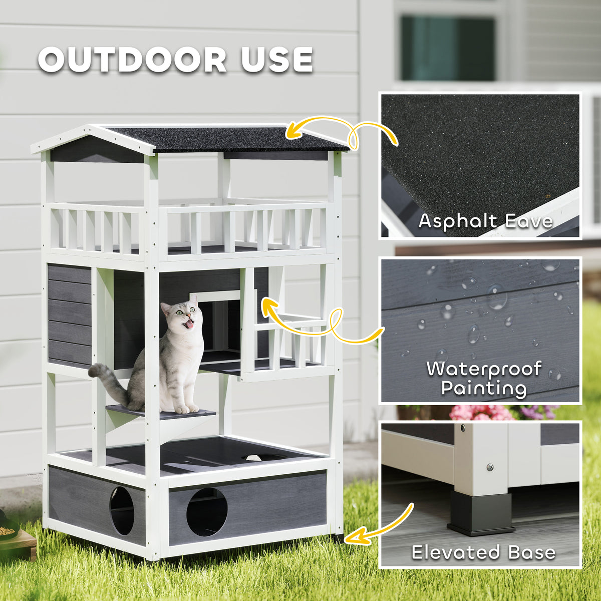 4-Floor Wood Outdoor Cat House Catio with Condo - Grey-Cats-DECOROLALA