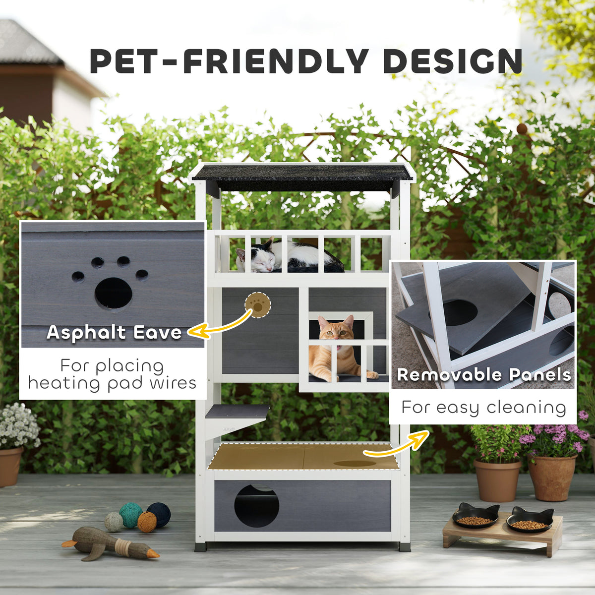 4-Floor Wood Outdoor Cat House Catio with Condo - Grey-Cats-DECOROLALA
