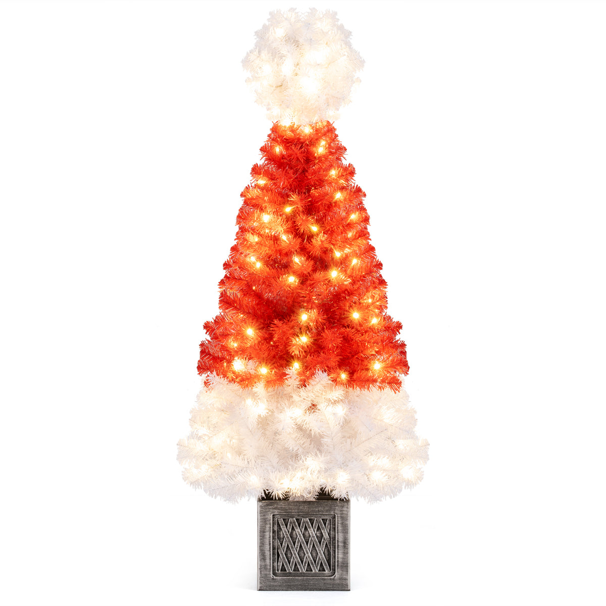 4 Ft Artificial Christmas Tree Santa Hat Xmas Tree with 300 Branch Tips Red-Christmas Trees-DECOROLALA