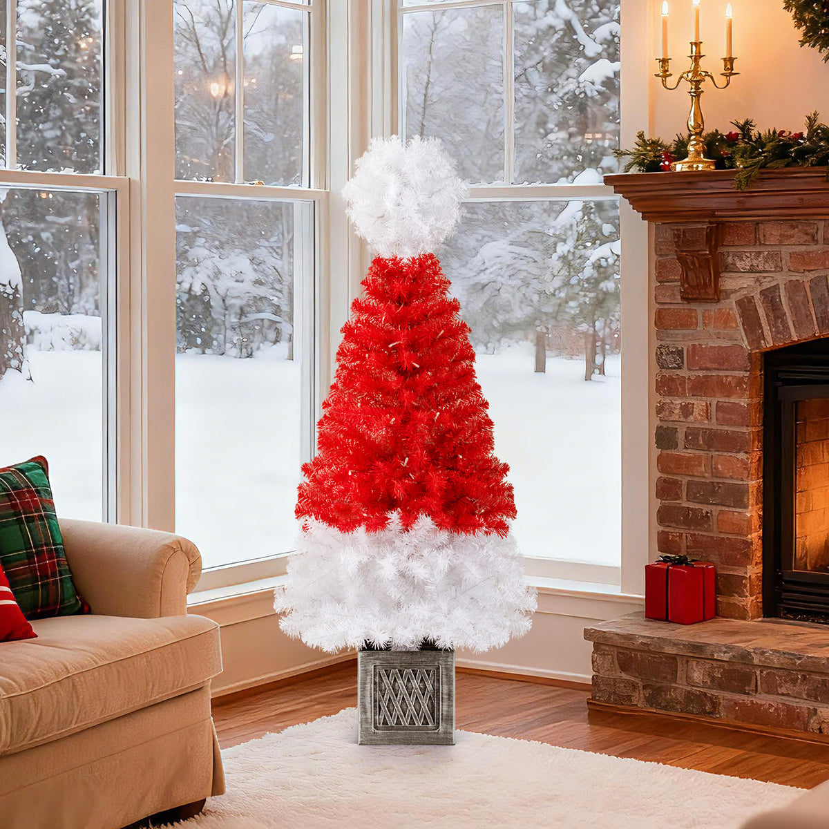 4 Ft Artificial Christmas Tree Santa Hat Xmas Tree with 300 Branch Tips Red-Christmas Trees-DECOROLALA