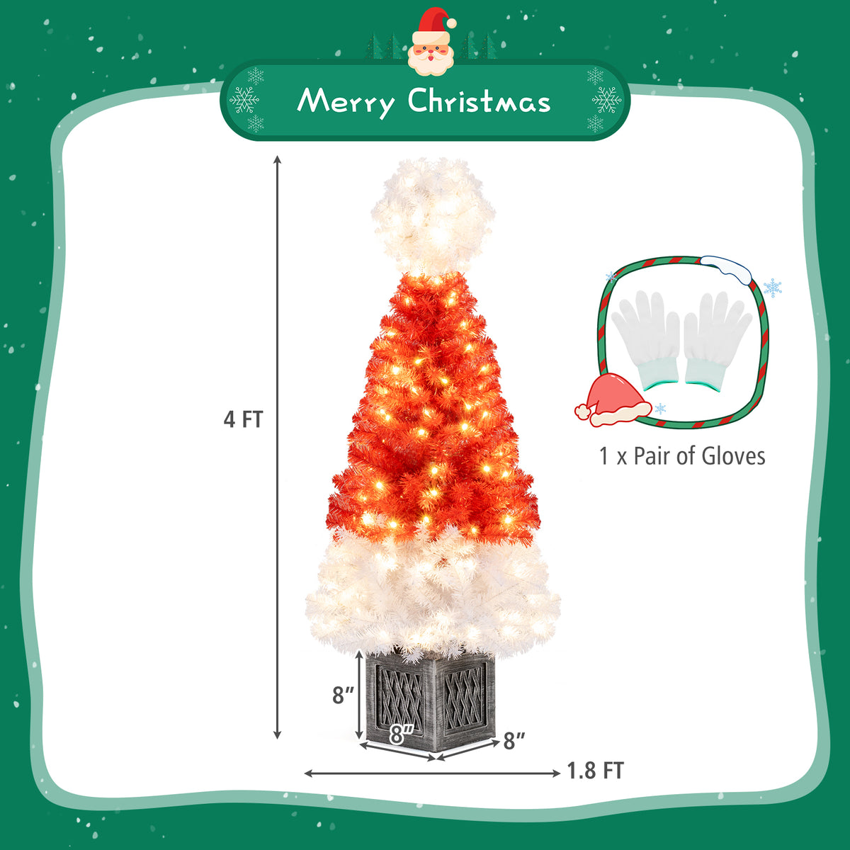 4 Ft Artificial Christmas Tree Santa Hat Xmas Tree with 300 Branch Tips Red-Christmas Trees-DECOROLALA