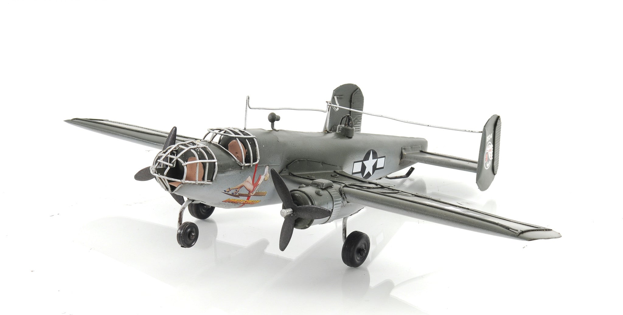 4" Gray and White Metal Hand Painted c1941 North American B-25 Mitchell Bomber Model Airplane-Sculptures-DECOROLALA