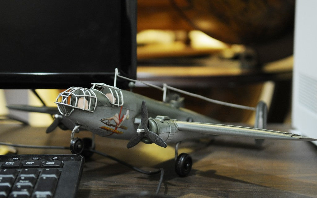 4" Gray and White Metal Hand Painted c1941 North American B-25 Mitchell Bomber Model Airplane-Sculptures-DECOROLALA