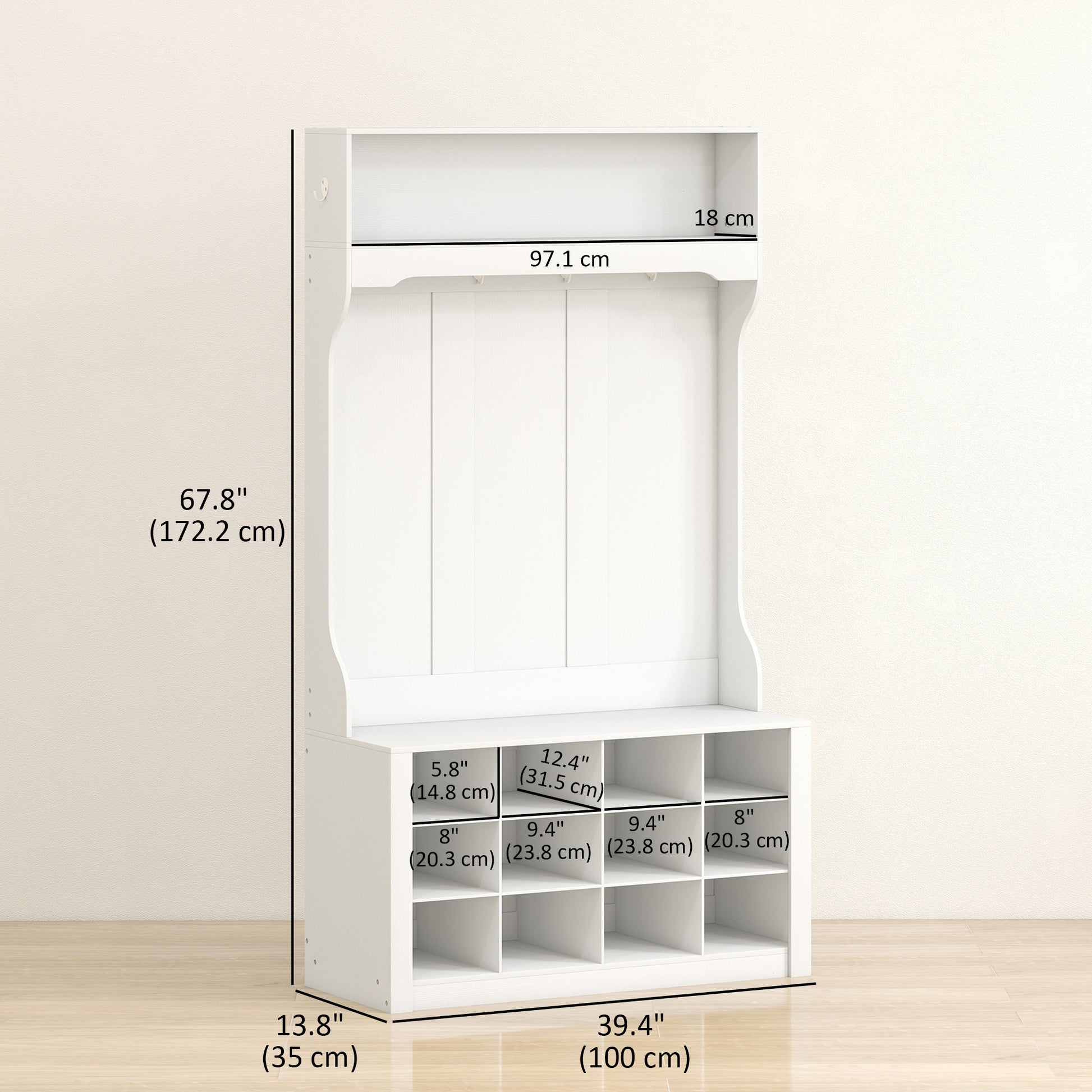 4-In-1 Hall Tree with Bench and 12 Shoe Cubbies - White-DECOROLALA