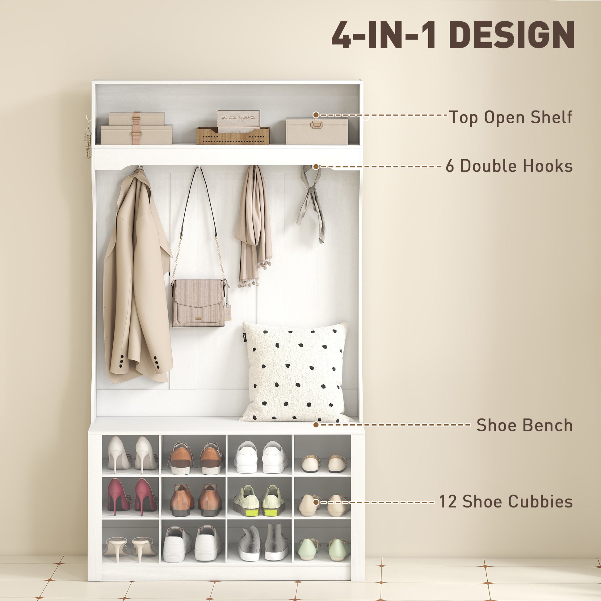4-In-1 Hall Tree with Bench and 12 Shoe Cubbies - White-DECOROLALA