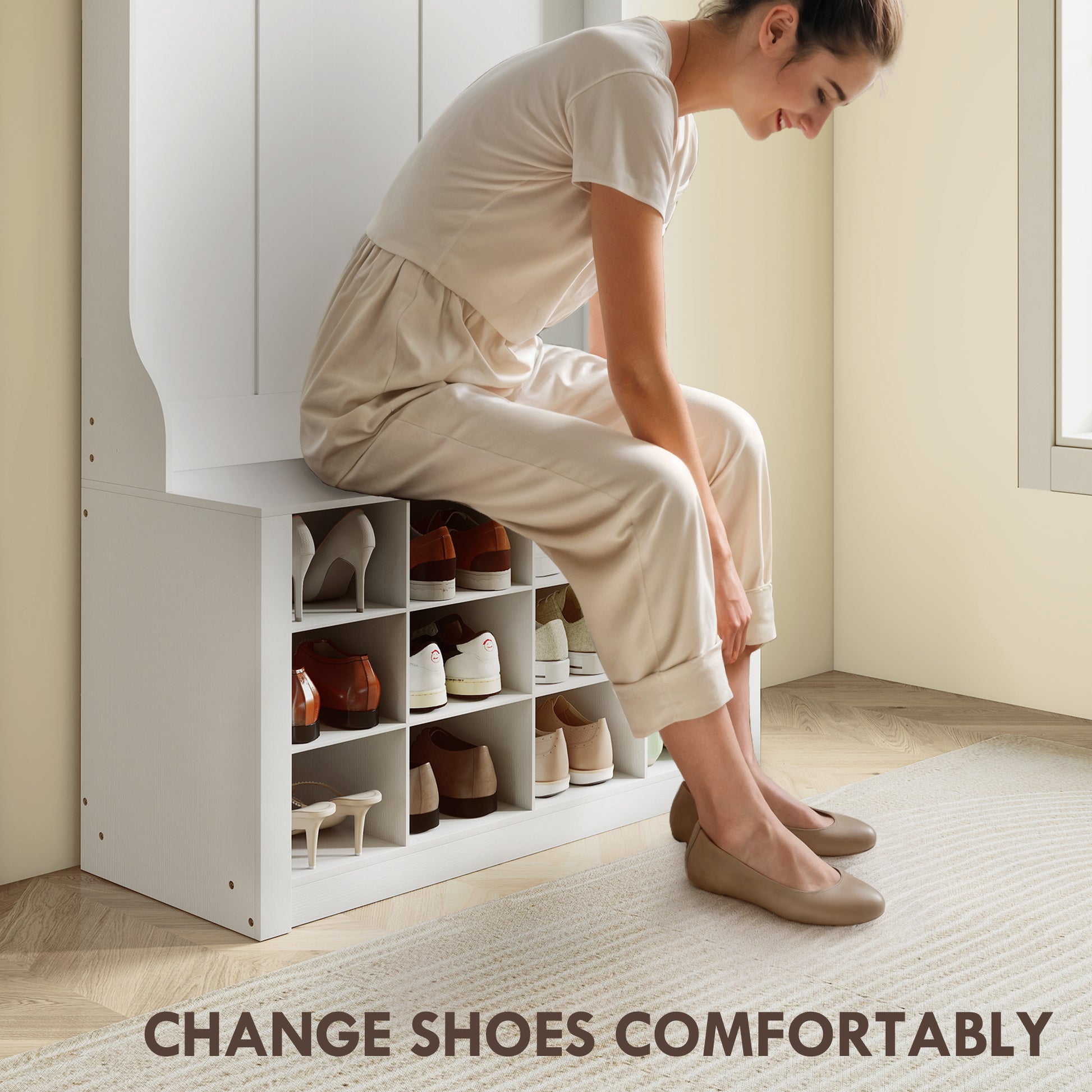 4-In-1 Hall Tree with Bench and 12 Shoe Cubbies - White-DECOROLALA