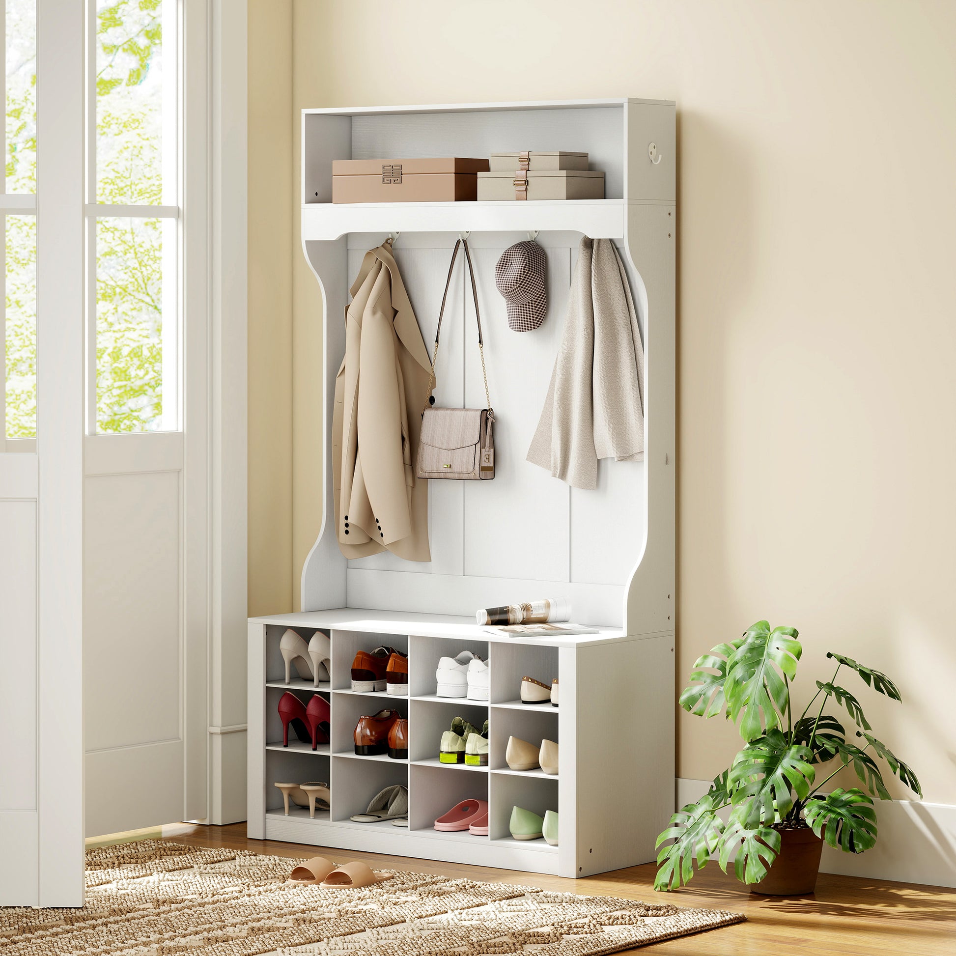 4-In-1 Hall Tree with Bench and 12 Shoe Cubbies - White-DECOROLALA