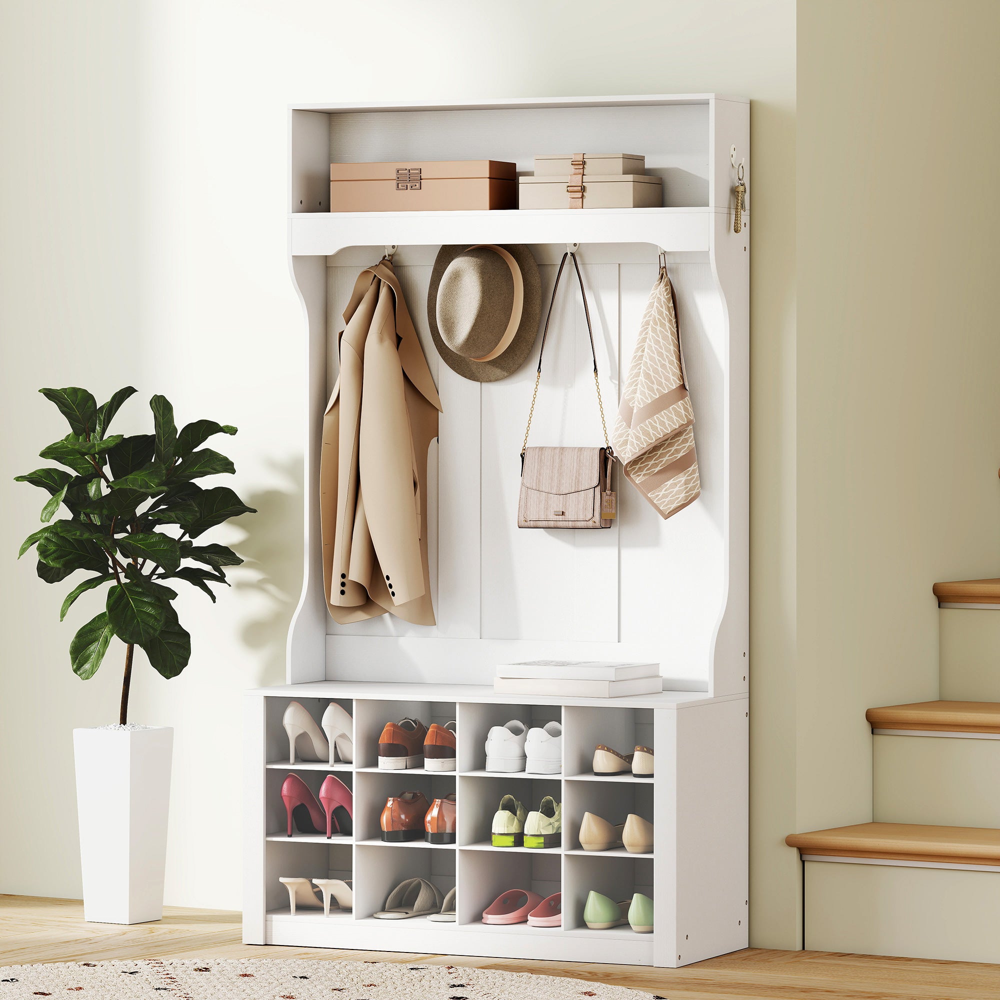4-In-1 Hall Tree with Bench and 12 Shoe Cubbies - White-DECOROLALA