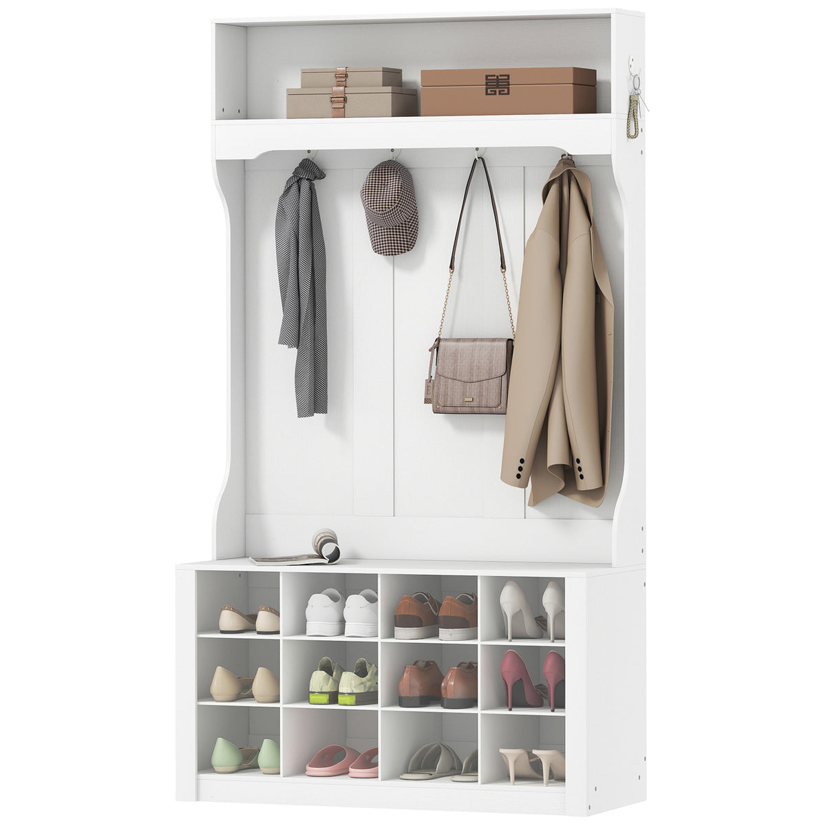 4-In-1 Hall Tree with Bench and 12 Shoe Cubbies - White-Hall Trees-DECOROLALA