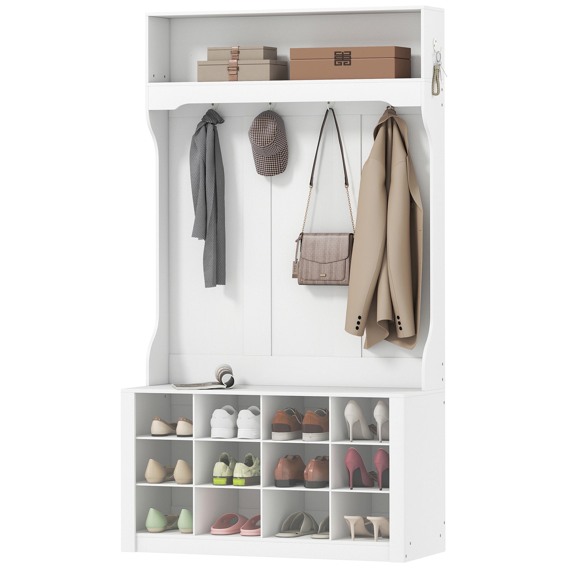 4-In-1 Hall Tree with Bench and 12 Shoe Cubbies - White-DECOROLALA
