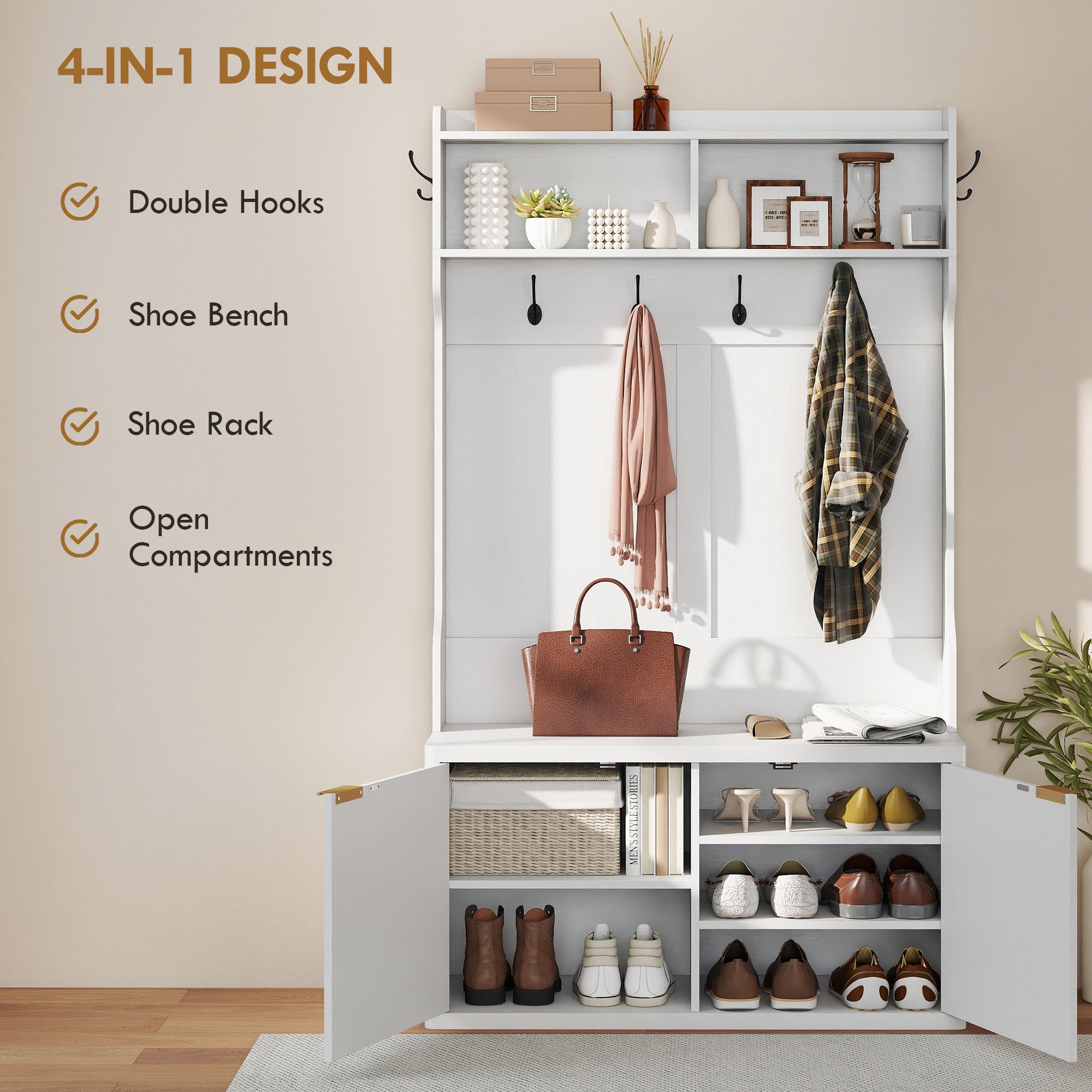 4-In-1 Hall Tree with Shoe Bench and Coat Rack - White 39"-DECOROLALA