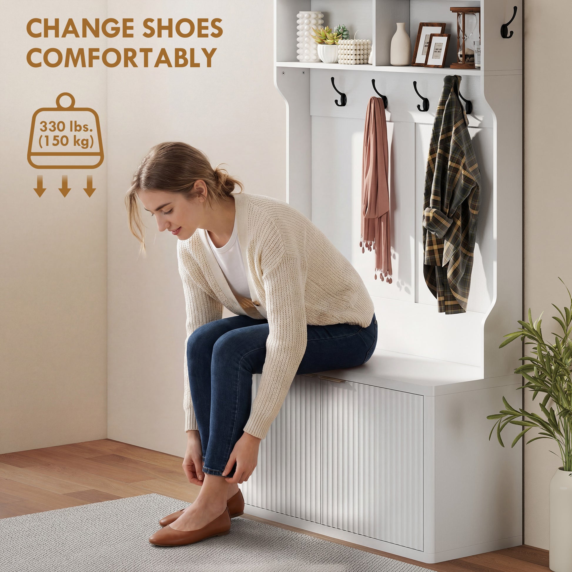4-In-1 Hall Tree with Shoe Bench and Coat Rack - White 39"-DECOROLALA