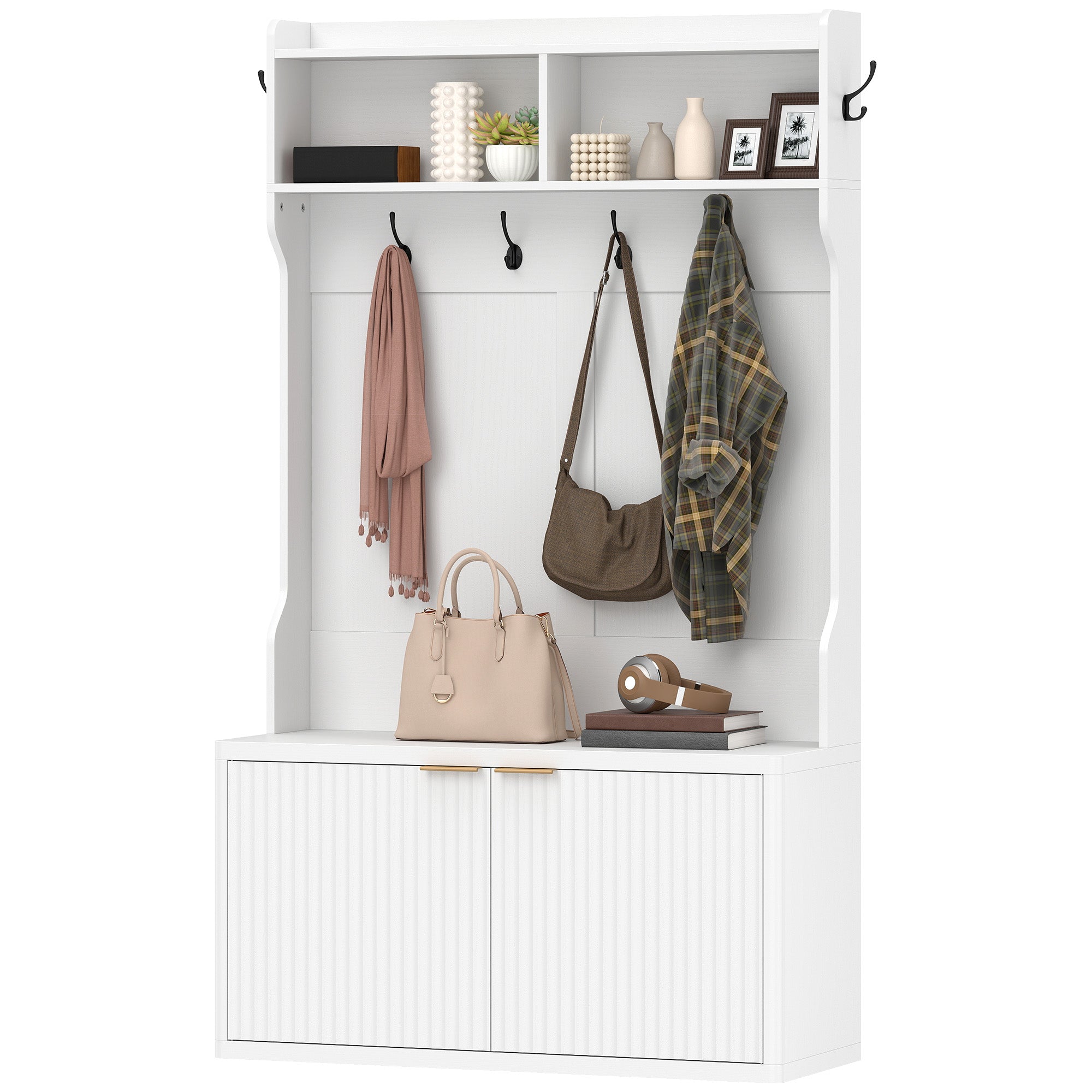 4-In-1 Hall Tree with Shoe Bench and Coat Rack - White 39"-DECOROLALA