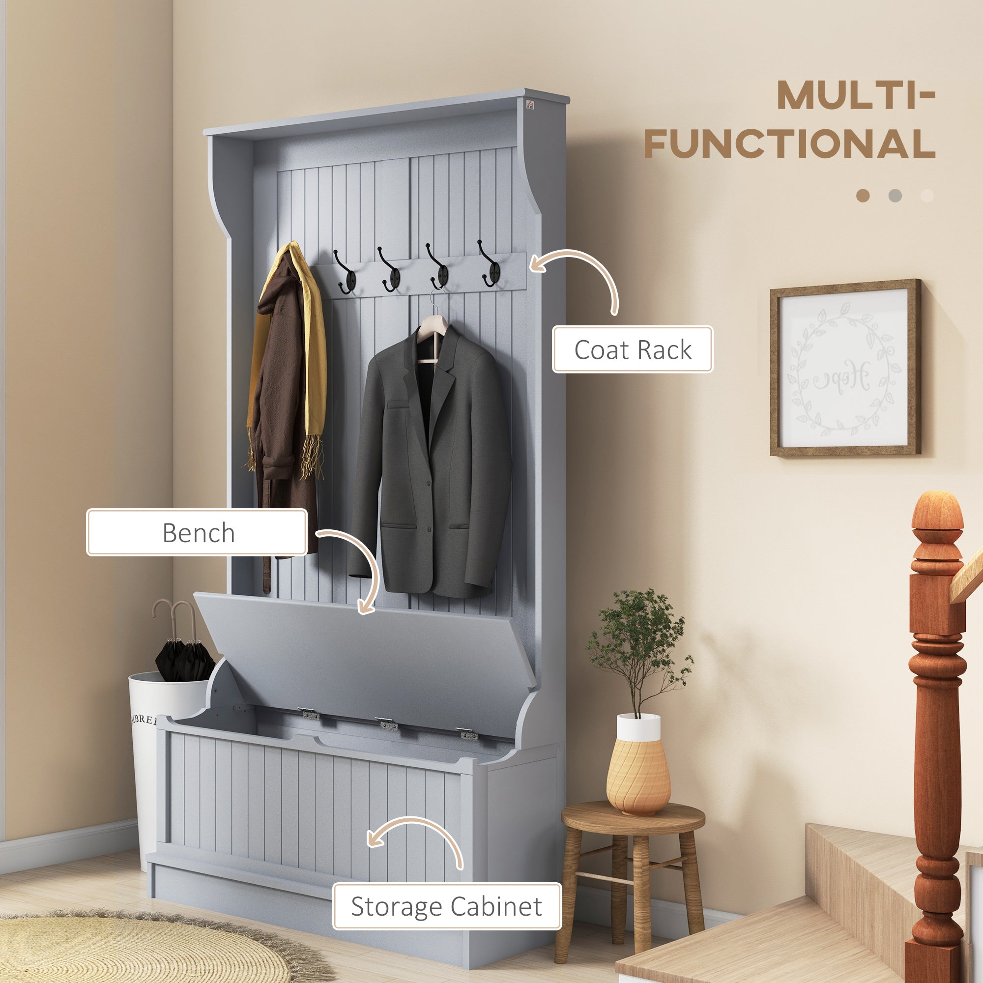 4-In-1 Hall Tree with Storage Bench and Coat Rack - Grey-DECOROLALA