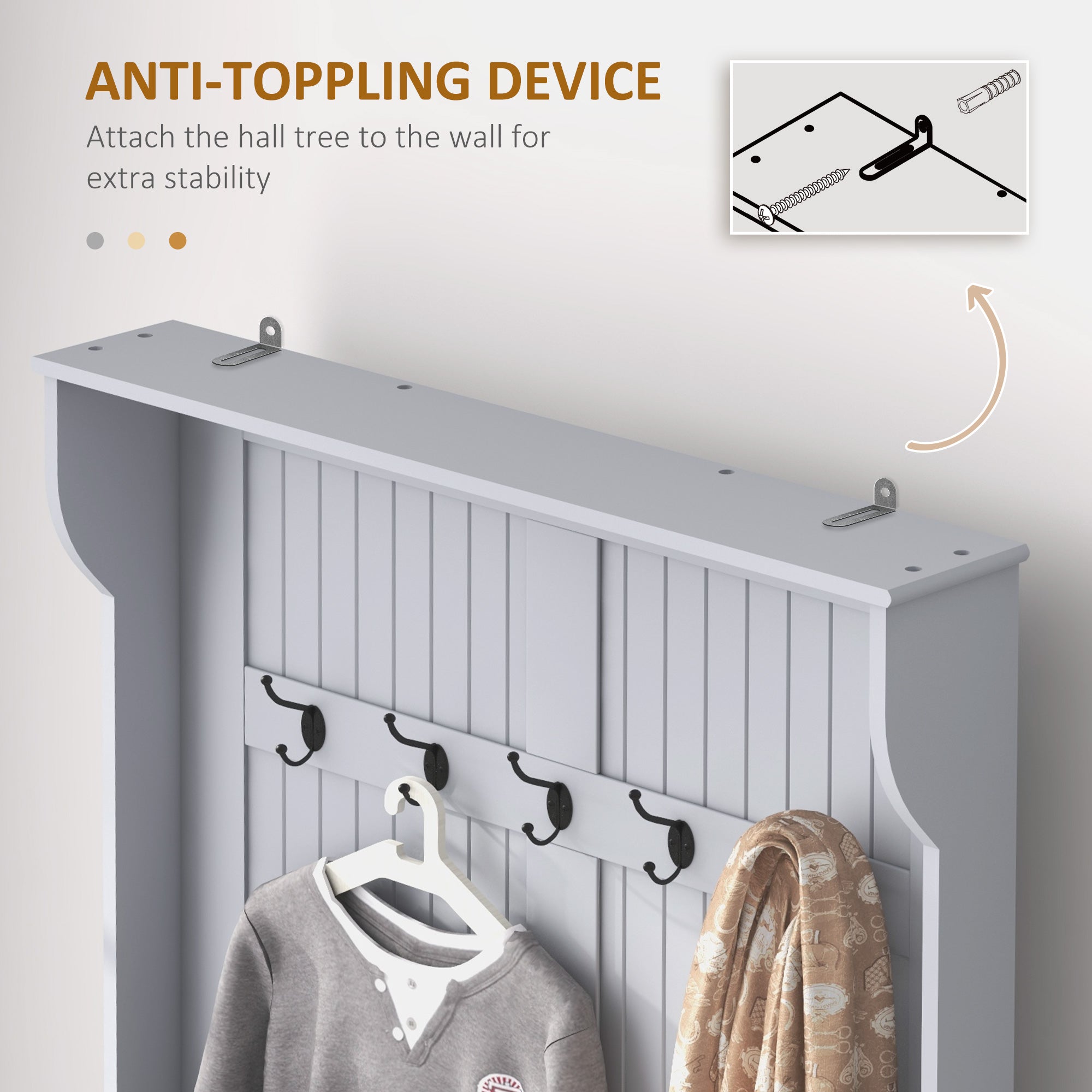 4-In-1 Hall Tree with Storage Bench and Coat Rack - Grey-DECOROLALA