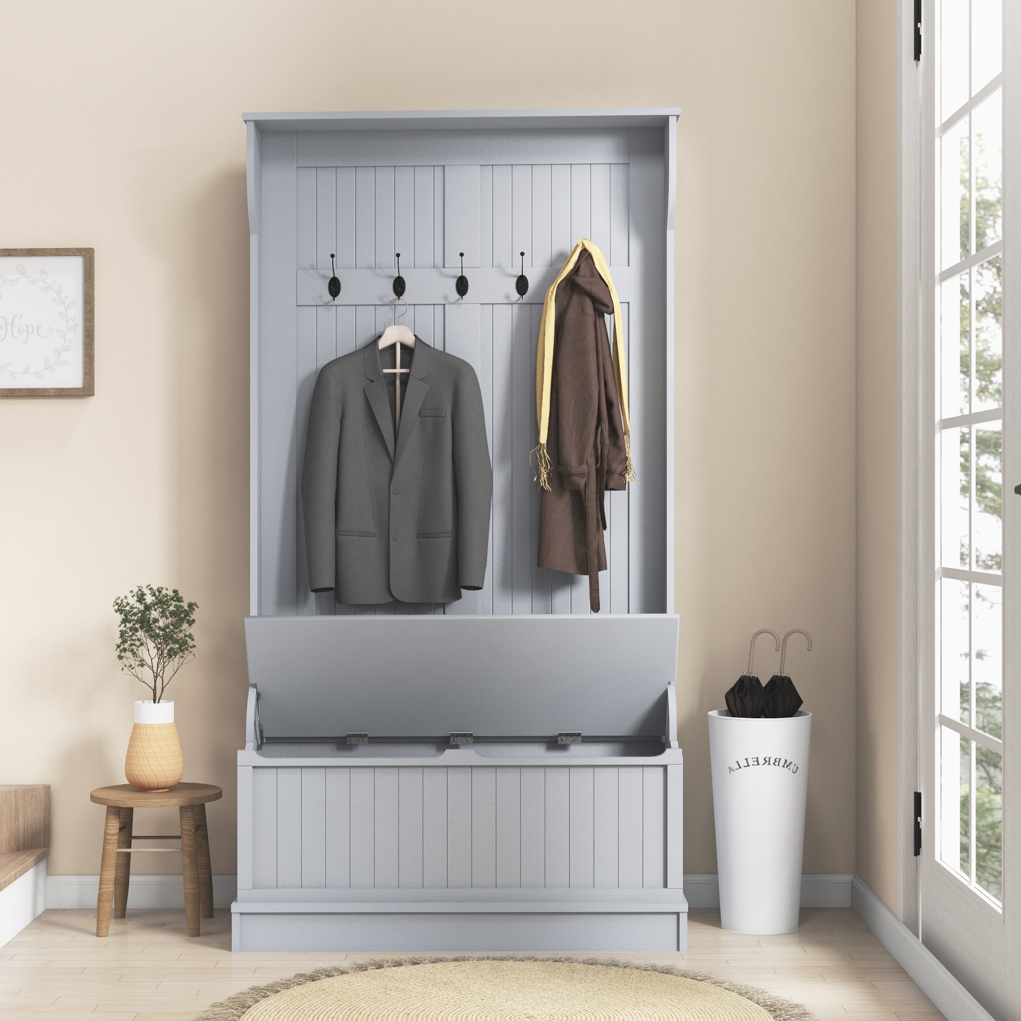 4-In-1 Hall Tree with Storage Bench and Coat Rack - Grey-DECOROLALA