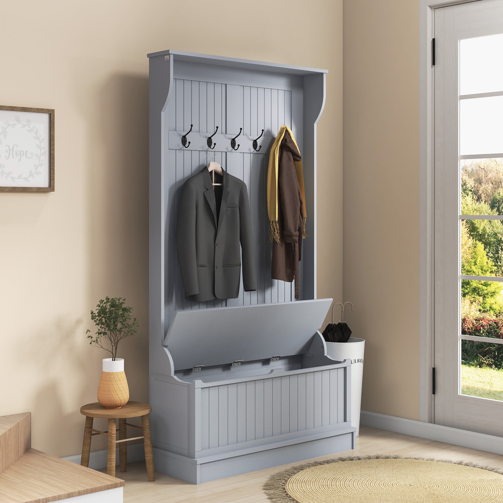 4-In-1 Hall Tree with Storage Bench and Coat Rack - Grey-DECOROLALA