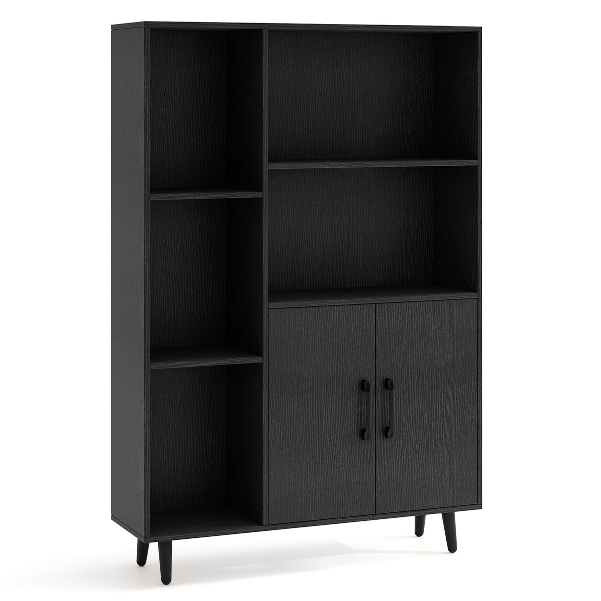 4 Inch Floor Bookshelf with 5 Open Compartments and Storage Cabinet-Black-Bookcases-DECOROLALA
