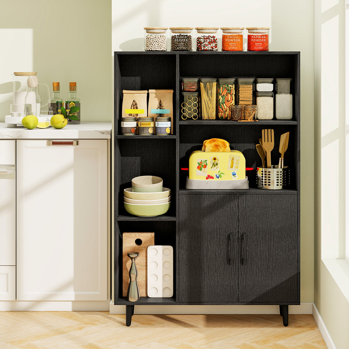 4 Inch Floor Bookshelf with 5 Open Compartments and Storage Cabinet-Black-Bookcases-DECOROLALA