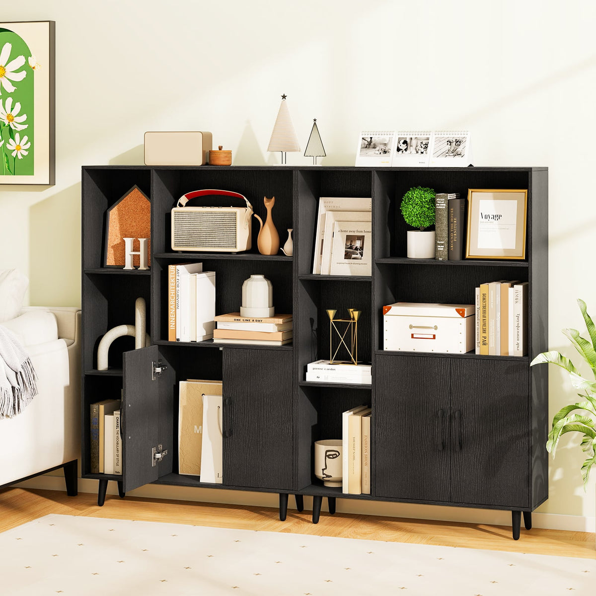 4 Inch Floor Bookshelf with 5 Open Compartments and Storage Cabinet-Black-Bookcases-DECOROLALA