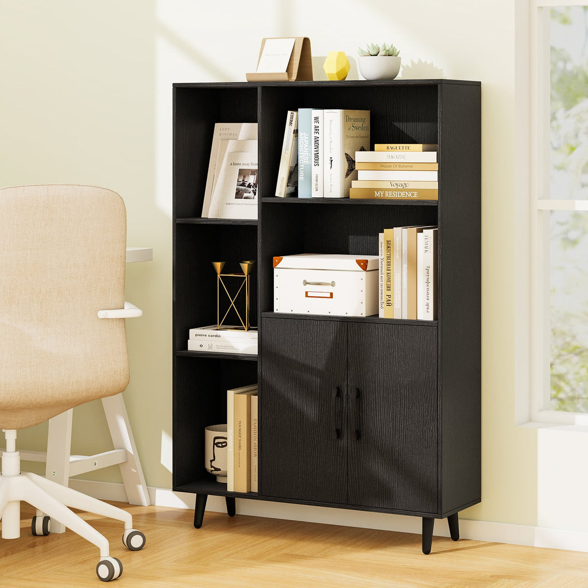 4 Inch Floor Bookshelf with 5 Open Compartments and Storage Cabinet-Black-Bookcases-DECOROLALA